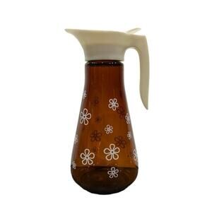 Vintage Thatcher Amber Glass Mod Flower Daisy Syrup Pitcher with Top